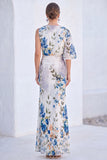 Vestido Longo de Mãe da Noiva com Gola Bateau de Flor Azul de Sereia de Chiffon