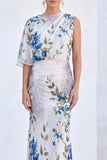 Vestido Longo de Mãe da Noiva com Gola Bateau de Flor Azul de Sereia de Chiffon