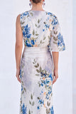 Vestido Longo de Mãe da Noiva com Gola Bateau de Flor Azul de Sereia de Chiffon