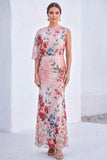 Vestido Longo de Mãe da Noiva com Gola Bateau de Flor Azul de Sereia de Chiffon