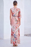 Vestido Longo de Mãe da Noiva com Gola Bateau de Flor Azul de Sereia de Chiffon