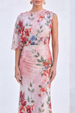 Vestido Longo de Mãe da Noiva com Gola Bateau de Flor Azul de Sereia de Chiffon