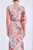 Vestido Longo de Mãe da Noiva com Gola Bateau de Flor Azul de Sereia de Chiffon