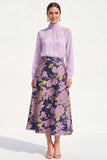 Vestido Midi Mãe da Noiva A-Line Roxo de gola alta de 2 peças com mangas compridas