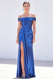 Vestido de Mãe da Noiva Verde-Verde Escuro Verde Escuro Azul Longo Metálico Franzido da Mãe da Noiva