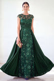 Vestido longo de mãe da noiva verde escuro com decote redondo, linha A,