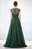 Vestido longo de mãe da noiva verde escuro com decote redondo, linha A,