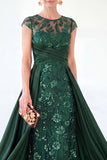 Vestido longo de mãe da noiva verde escuro com decote redondo, linha A,