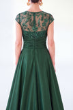 Vestido longo de mãe da noiva verde escuro com decote redondo, linha A,