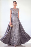 Vestido longo de mãe da noiva verde escuro com decote redondo, linha A,