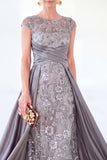 Vestido longo de mãe da noiva verde escuro com decote redondo, linha A,