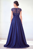 Vestido longo de mãe da noiva verde escuro com decote redondo, linha A,