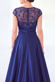 Vestido longo de mãe da noiva verde escuro com decote redondo, linha A,