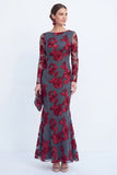 Vestido Longo de Mãe da Noiva com Gola Bateau Preta de Sereia e Bordados