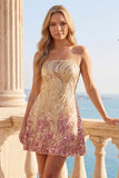 Vestido de regresso a casa com lantejoulas cintilantes em linha A dourado e cor-de-rosa