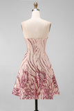 Vestido de regresso a casa com lantejoulas cintilantes em linha A dourado e cor-de-rosa