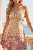 Vestido de regresso a casa com lantejoulas cintilantes em linha A dourado e cor-de-rosa