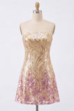 Vestido de regresso a casa com lantejoulas cintilantes em linha A dourado e cor-de-rosa