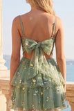 Vestido A-Line Dusty Sage Tulle Floral Floral com Laço