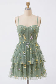Vestido A-Line Dusty Sage Tulle Floral Floral com Laço