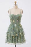 Vestido A-Line Dusty Sage Tulle Floral Floral com Laço