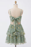 Vestido A-Line Dusty Sage Tulle Floral Floral com Laço
