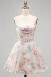 Vestido de Finalista A-Line Strapless Floral Floral em Chiffon de Chiffon e Espartilho de Finalistas