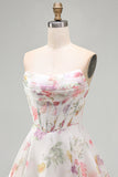 Vestido de Finalista A-Line Strapless Floral Floral em Chiffon de Chiffon e Espartilho de Finalistas