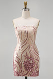 Vestido de finalistas cintilantes, sem alças, dourado e cor-de-rosa, com lantejoulas bodycon