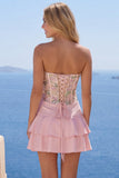 Vestido de regresso a casa com alças finas florais cor-de-rosa A-Line com folhos