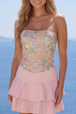 Vestido de regresso a casa com alças finas florais cor-de-rosa A-Line com folhos