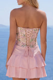 Vestido de regresso a casa com alças finas florais cor-de-rosa A-Line com folhos