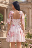 Vestido de Finalistas de Finalistas de Flor Rosa Branco Rosa com Alças Grossas de Chiffon