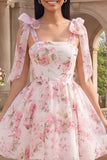 Vestido de Finalistas de Finalistas de Flor Rosa Branco Rosa com Alças Grossas de Chiffon