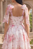 Vestido de Finalistas de Finalistas de Flor Rosa Branco Rosa com Alças Grossas de Chiffon