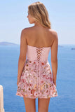Vestido de regresso a casa floral Corset A-Line cor-de-rosa sem alças com folhos