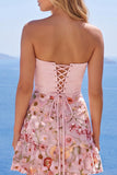 Vestido de regresso a casa floral Corset A-Line cor-de-rosa sem alças com folhos