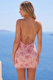 Vestido de Homecoming Bodycon Floral de Tiras Finas Cor-de-Rosa com Missangas