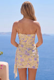 Vestido de Homecoming com Bodycon Bodycon Um Ombro Amarelo Claro e Faixa