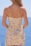 Vestido de Homecoming com Bodycon Bodycon Um Ombro Amarelo Claro e Faixa