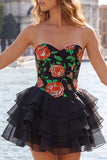 Vestido de regresso a casa, floral em camadas, dourado e preto, com renda nas costas