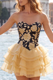 Vestido de regresso a casa, floral em camadas, dourado e preto, com renda nas costas