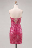 Vestido de Regresso a Casa com Lantejoulas Bodycon Fúcsia Fúcsia Brilhante com Renda nas Costas