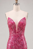 Vestido de Regresso a Casa com Lantejoulas Bodycon Fúcsia Fúcsia Brilhante com Renda nas Costas