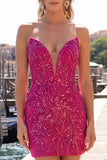 Vestido de Regresso a Casa com Lantejoulas Bodycon Fúcsia Fúcsia Brilhante com Renda nas Costas