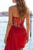 Sweetheart Red Bodycon Bodycon Corset Transparente, Vestido de Lantejoulas Franzidas com Faixa