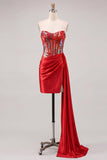Sweetheart Red Bodycon Bodycon Corset Transparente, Vestido de Lantejoulas Franzidas com Faixa