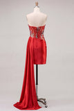 Sweetheart Red Bodycon Bodycon Corset Transparente, Vestido de Lantejoulas Franzidas com Faixa