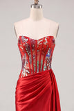 Sweetheart Red Bodycon Bodycon Corset Transparente, Vestido de Lantejoulas Franzidas com Faixa