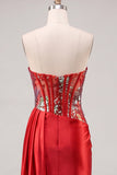 Sweetheart Red Bodycon Bodycon Corset Transparente, Vestido de Lantejoulas Franzidas com Faixa